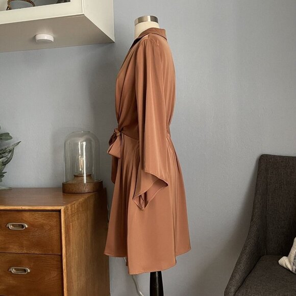 Strut & Bolt Candace Kimono Mini Dress Brown Front Tie - Picture 3 of 6